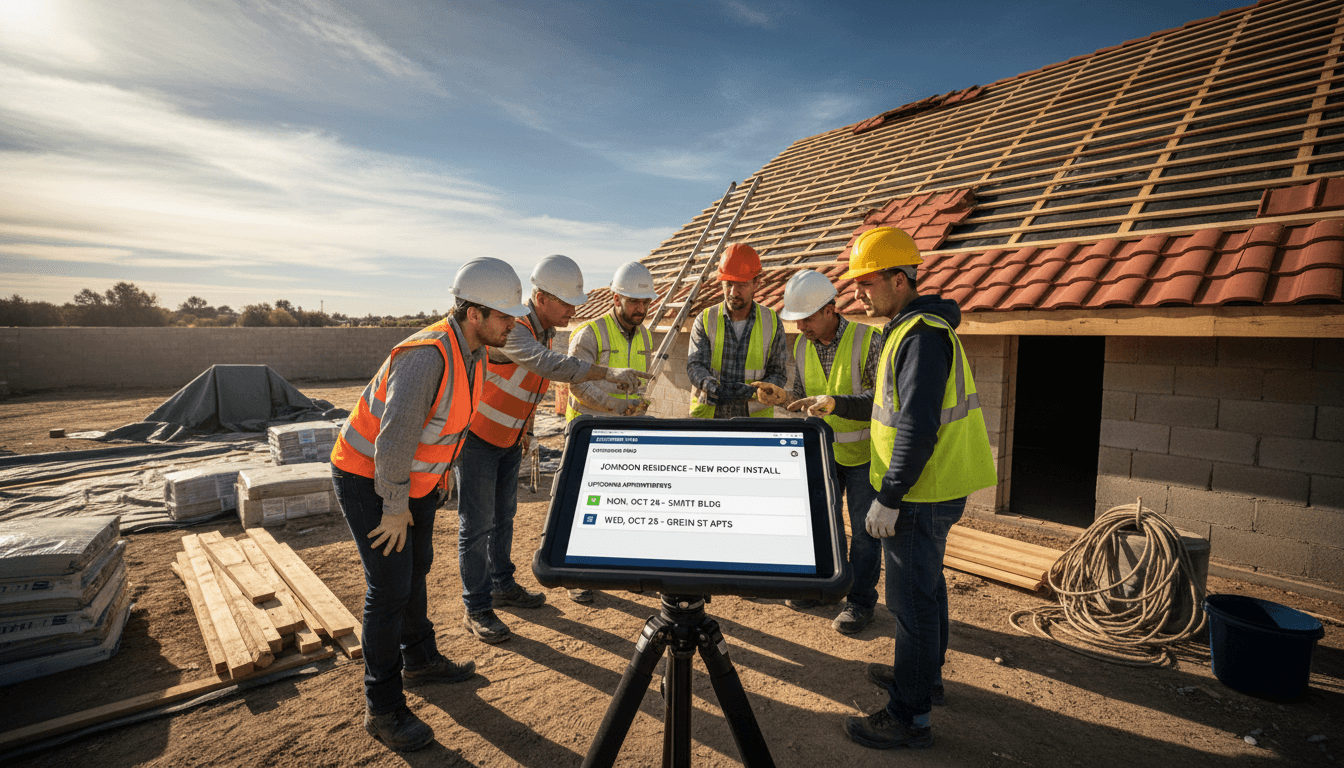 Roofing team leader using automated booking system tablet at job site